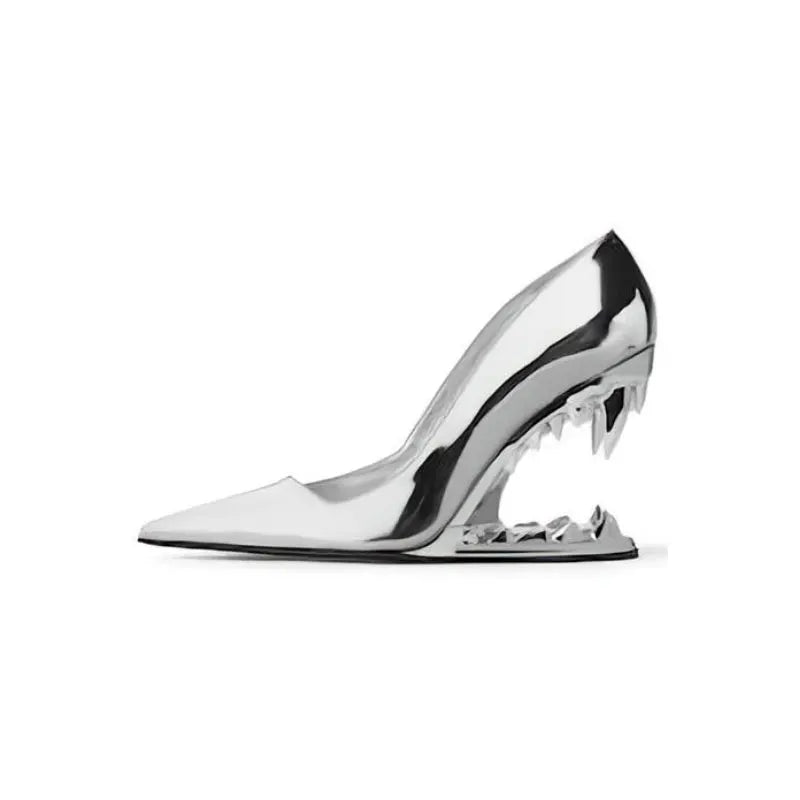 Women's New Pointed Shallow Mouth Metal Fabric Tiger Teeth Slope Heel Shoes Large 43