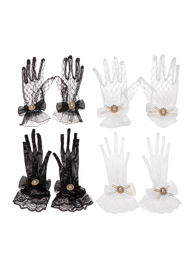 Girl Lolita Mesh Bow Flower Lace Gloves Black White Lace Gloves lolita Lace Sleeves Cosplay Jewelry
