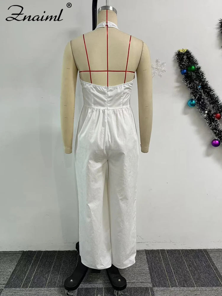 Znaiml Elegant Evening Gowns Biarthday Party One Pieces Wide Leg Pants Outfit for Women White Halter Backless Jumpsuit Rompers
