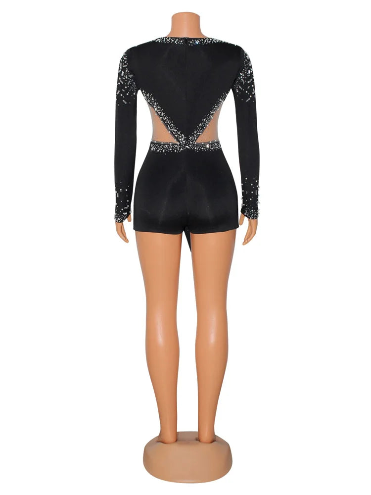 Women Sexy Rompers V-Neck Mesh Rhinestone Skinny Long Sleeve Playsuits