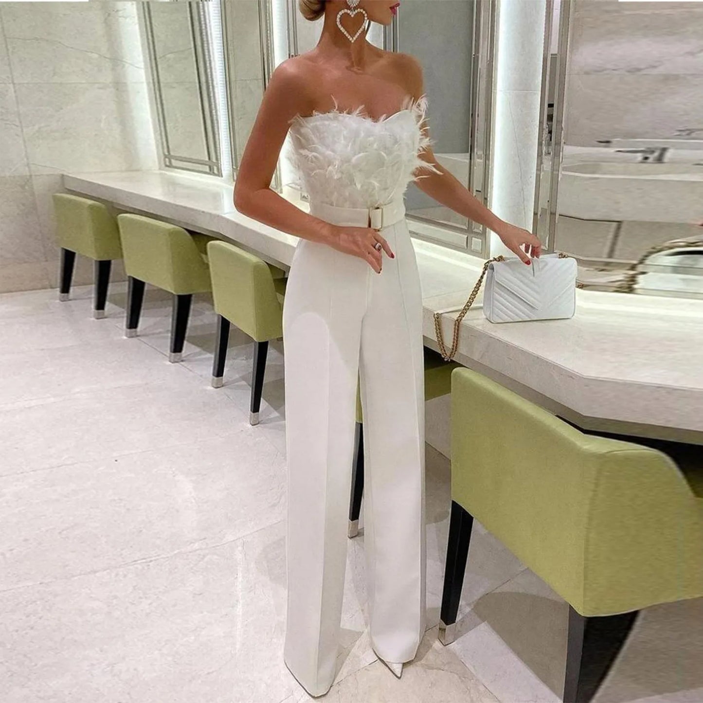 Women Jumpsuit Feather Tube Top Sexy Evening Party Jump Suits Sleeveless High-waisted Straight Playsuits Night Clubwear Overalls
