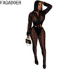 FAGADOER Sexy Mesh Women 2 Piece Set Outfit See Through Long Sleeves Crop Top + Skiny Pants Suits Female Streetwear Clothing New