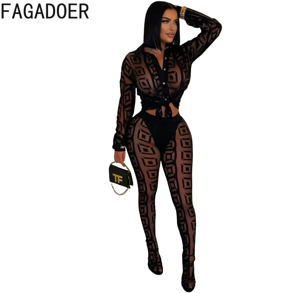 FAGADOER Sexy Mesh Women 2 Piece Set Outfit See Through Long Sleeves Crop Top + Skiny Pants Suits Female Streetwear Clothing New