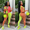FAGADOER Neon Color Patchwork Two Piece Set Women Button Up Full Sleeve Top And Leggings Outfits Autumn Club Birthday Tracksuits