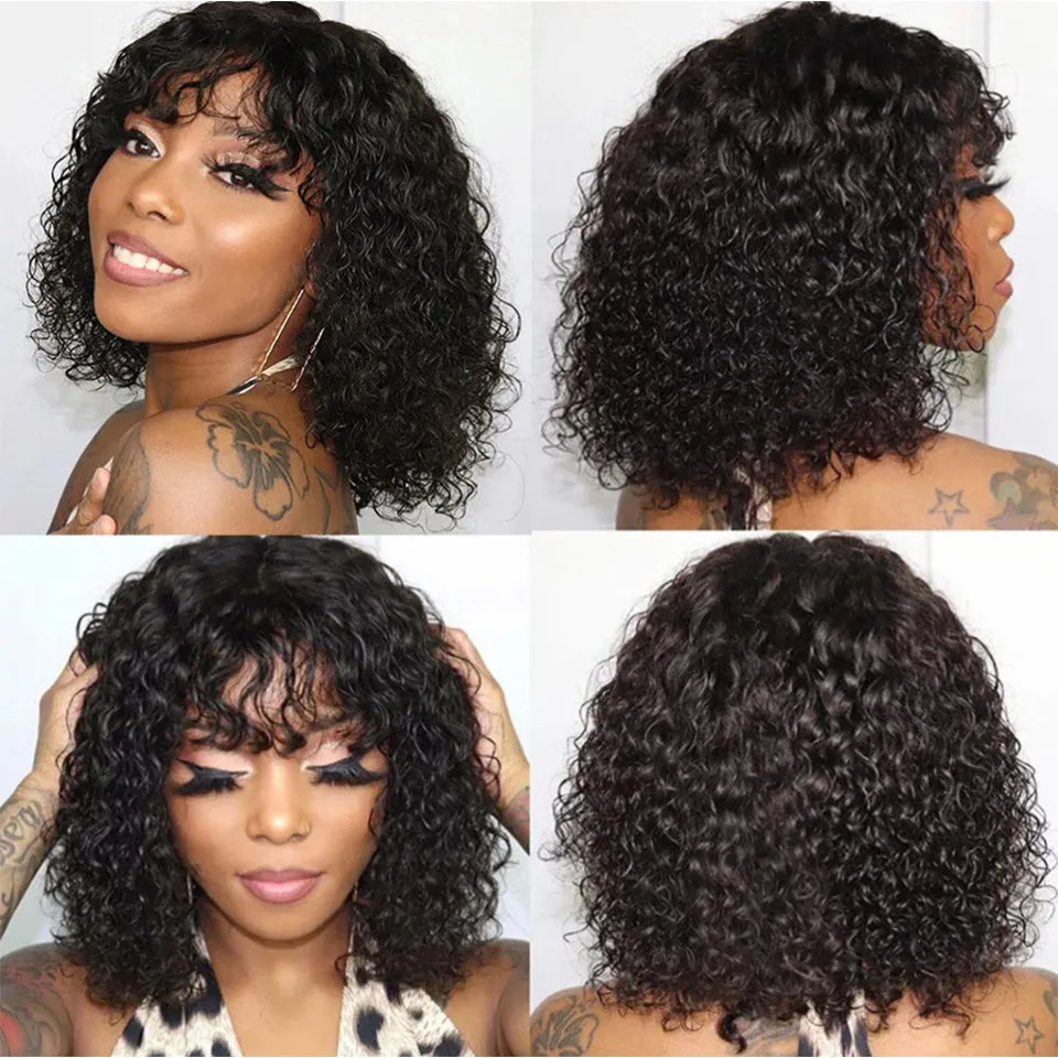 Jerry Curly Short Pixie Bob Cut Human Hair Wigs With Bangs For Women Wear To Go Peruvian Highlight Honey Water Wave Wigs