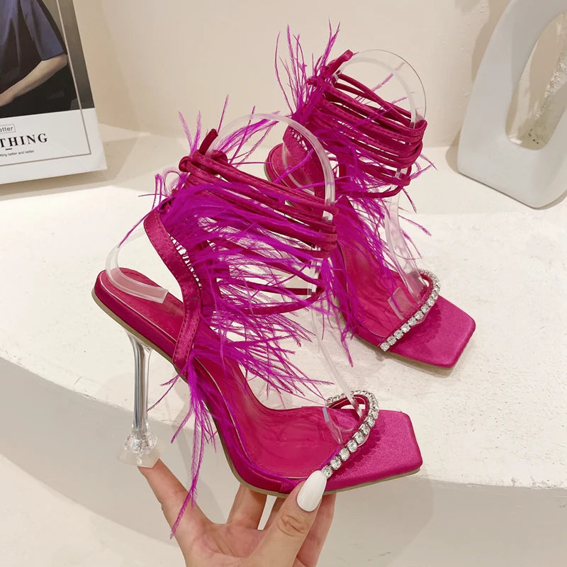 Eilyken Fashion Summer Rhinestone Feather Women Sandals Lace-up Cross-Tied Sexy Gladiator Square Toe Ladies High Heel Shoes