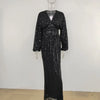 Women Sequins Splice Dress V Neck Full Sleeve A Line Evening Dresses Party Solid High Waist Long Skirts Office Lady Prom