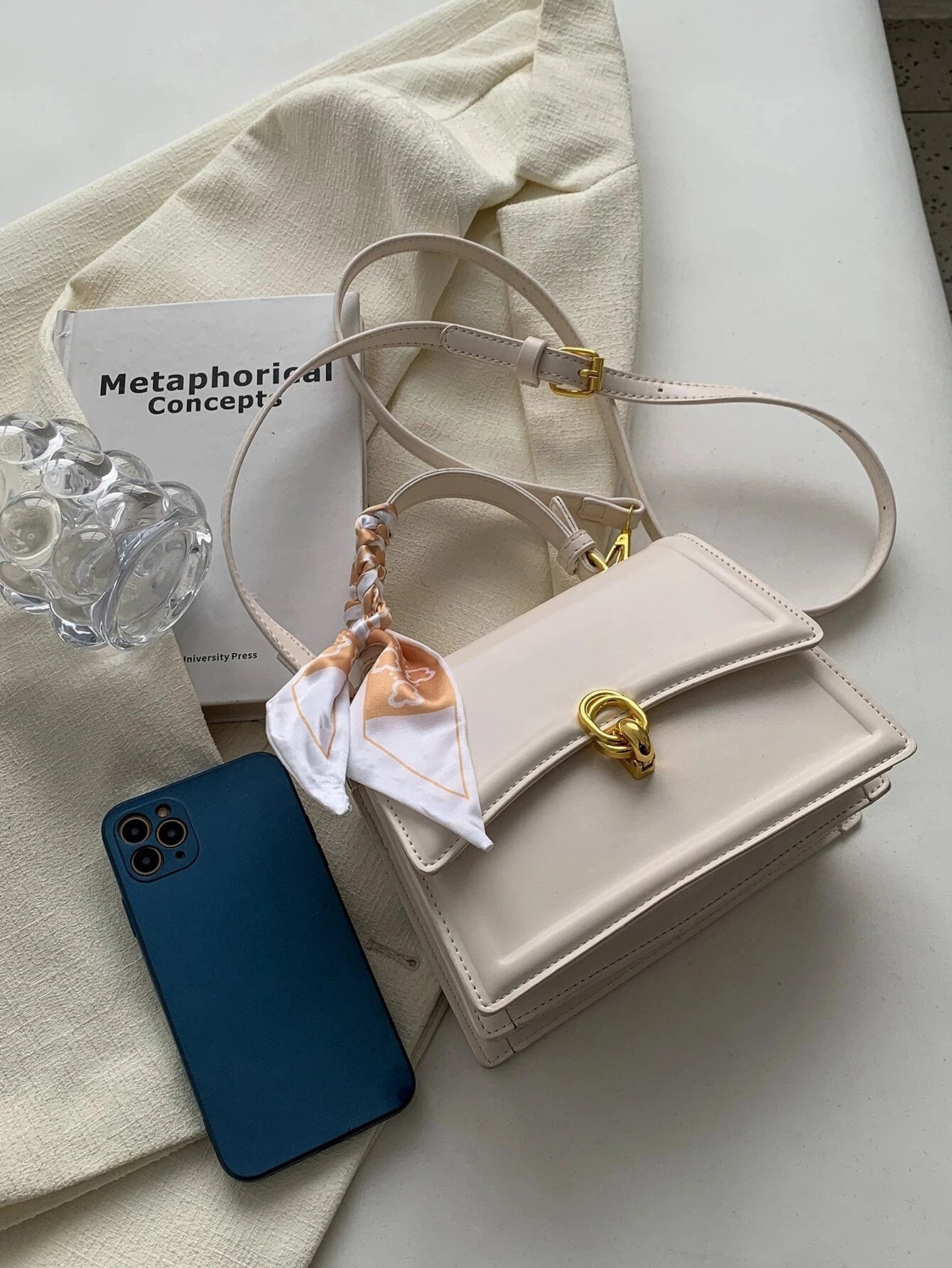 Bow Decor Lightweight Flap Bag, Business Casual Mini Women's Shoulder Bag Skinny Scarf Decor Square Bag For Teen Girls Women