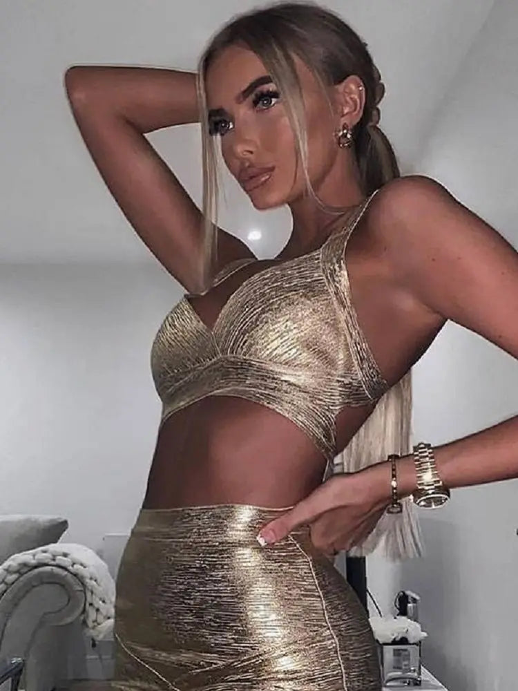 BEAUKEY Sexy Short Metalic HL Bandage Crop Top Women Vest Gold Silver  XL Camis Bodycon Club Party Tank Top  Wholesale