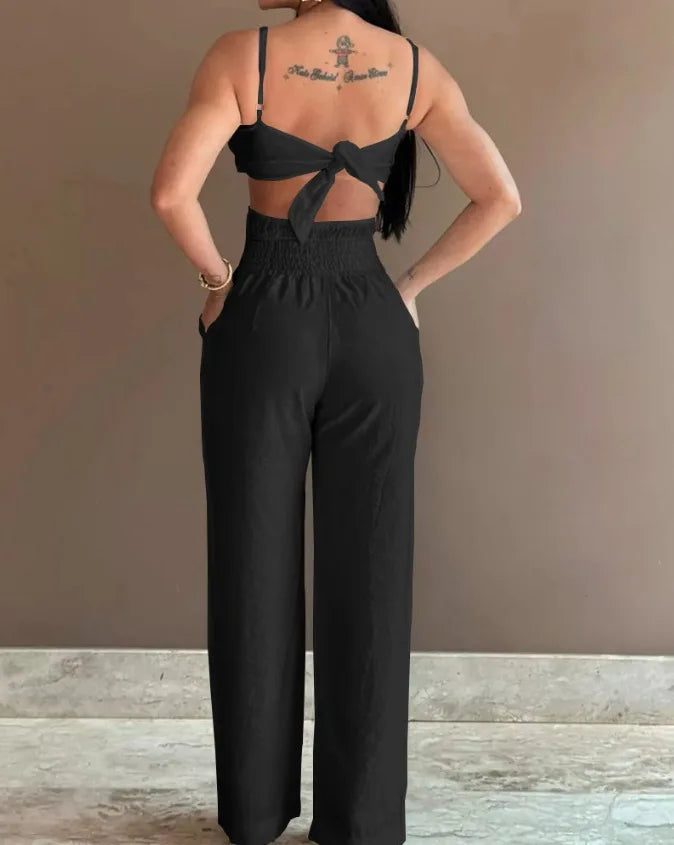 2024 Summer Fashion White Jumpsuit Women Floral Pattern Shirred Hollow Out Casual Asymmetrical Neck Pocket Backless Jumpsuits