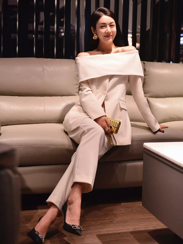 TWOTWINSTYLE Slash Neck Chic Blazers For Women Off Shoulder Long Sleeve Patchwork Single Button Solid Coat Female Clothes 2022