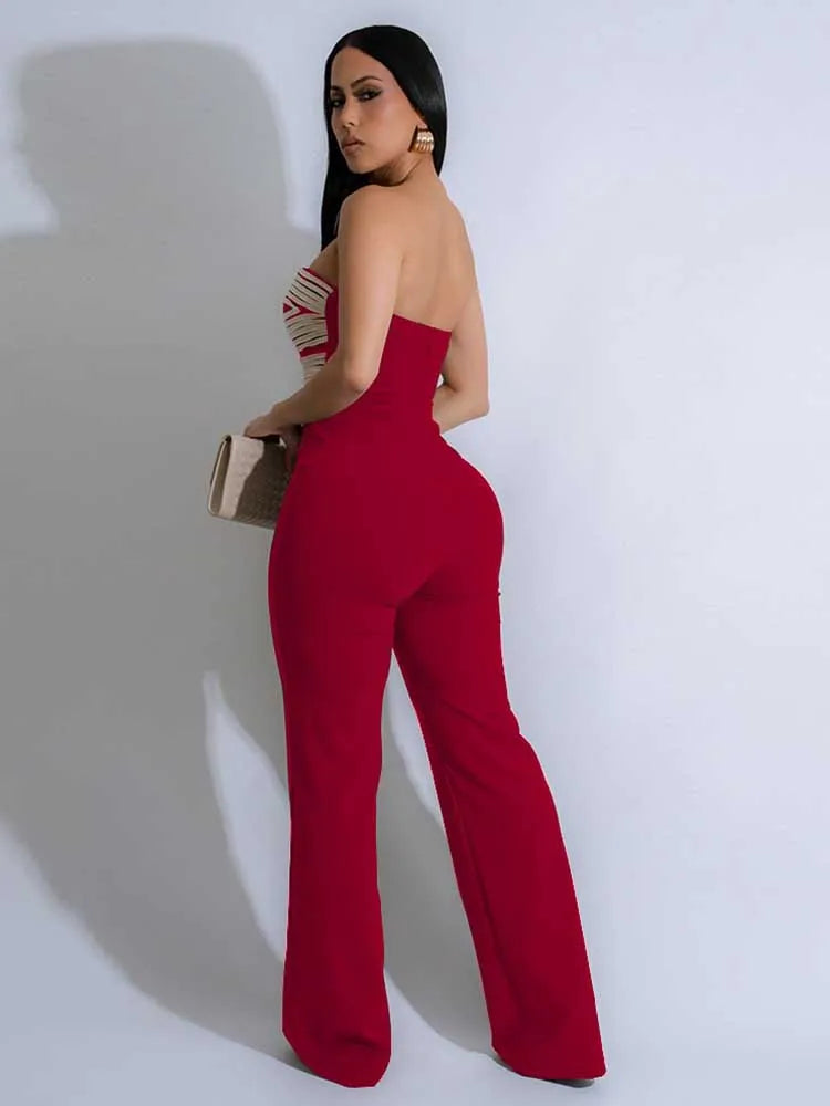 Women Summer Strapless Jumpsuit Sexy One Piece Outfits Cut Out Waist Party Jumpsuit Clothing Lady Full Length Backless Jumpsuits