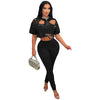 Spring Summer Fashion Solid Two Piece Set Women Sexy Perforated Round Neck Short Sleeve Top Tight Pants Casual Two Piece Set