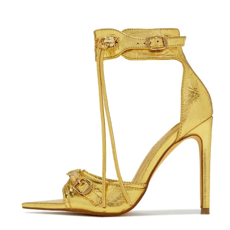 Liyke Summer Fashion Zip Tassel Women Sandals Metal Rivet Buckle Pointed Open Toe Stripper Heels Wedding Banquet Shoes Stiletto