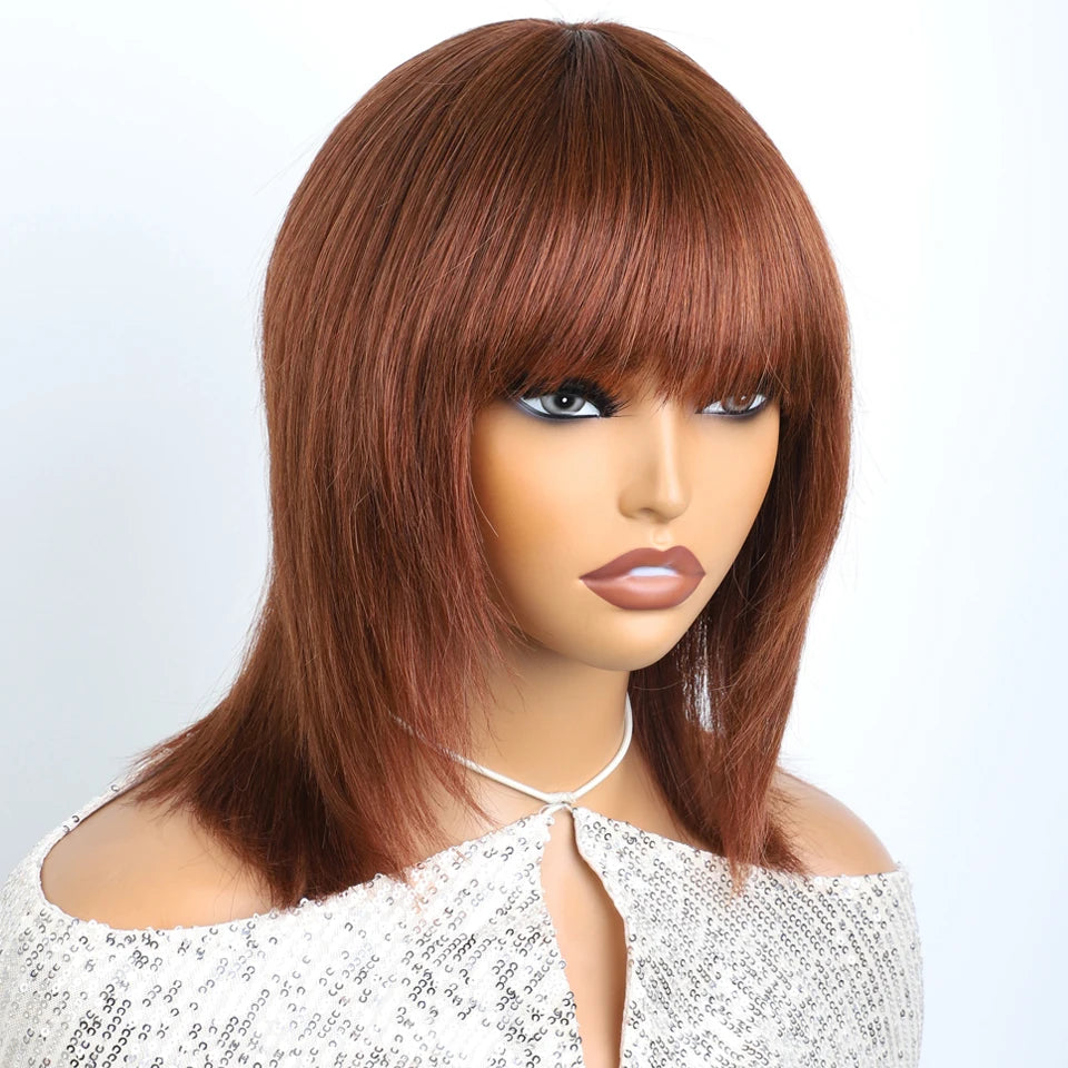 Lekker 12" Short Brown Wolf Cut Straight Bob Human Hair Wigs With Bangs For Women Brazilian Remy Hair Ready to Wear Glueless Wig