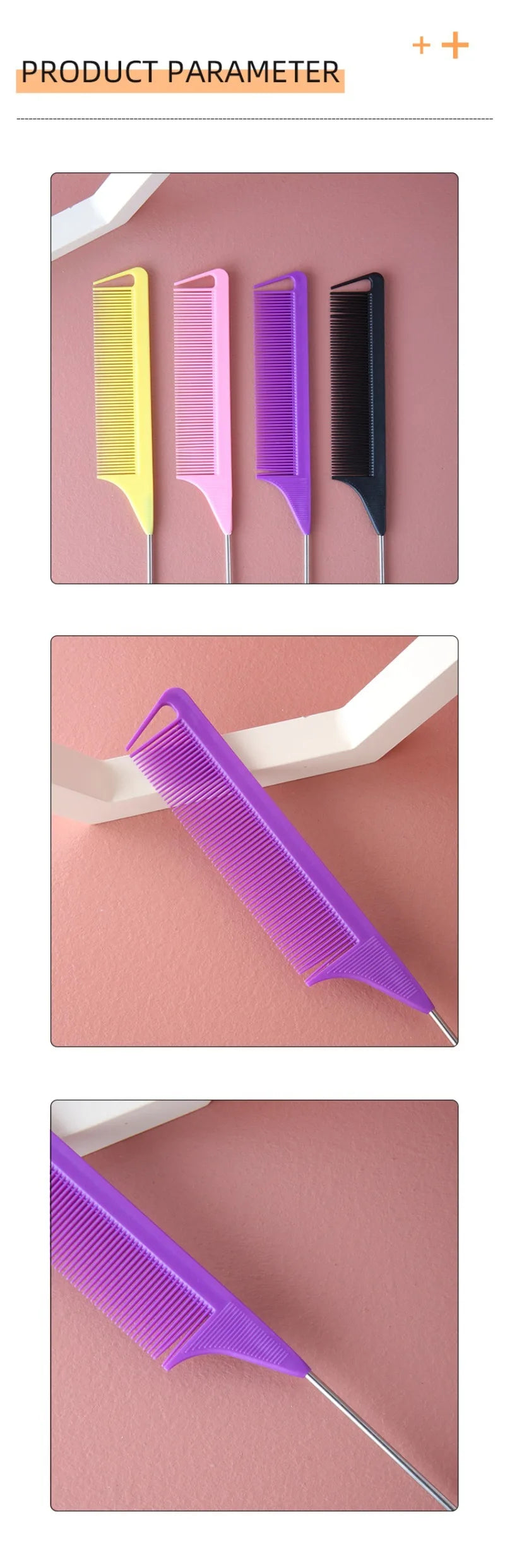 Plastic Heat Resistant Anti-Static Braiding Rat Tail Curved Steel Needle Parting Comb Professional Hairdressing Hair Accessories