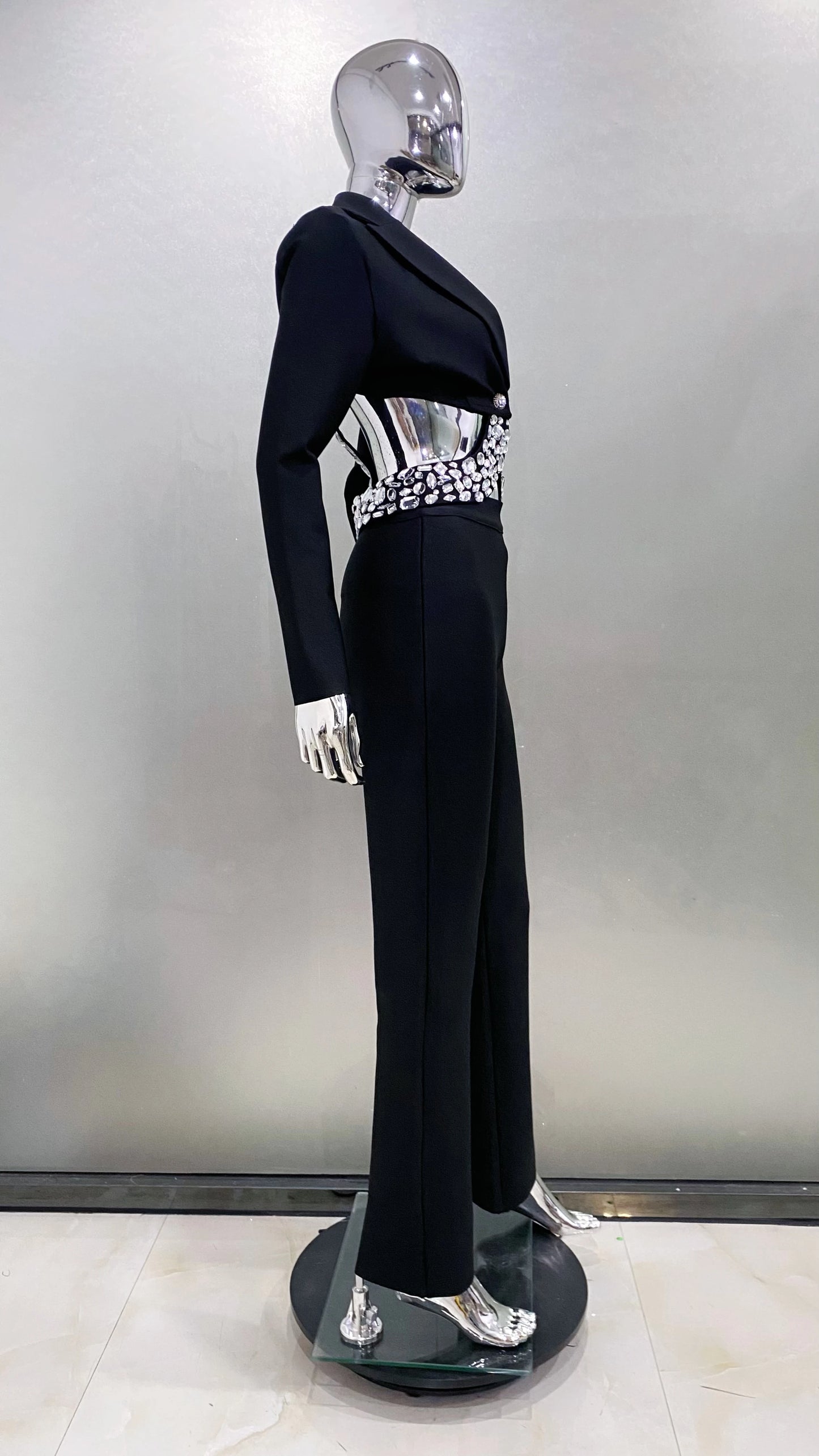 2024 New Arrival Black White Women Long Sleeve Sexy V-Neck Bodycon Bandage Set Shinning Crystal Nightclub Party Women's Set