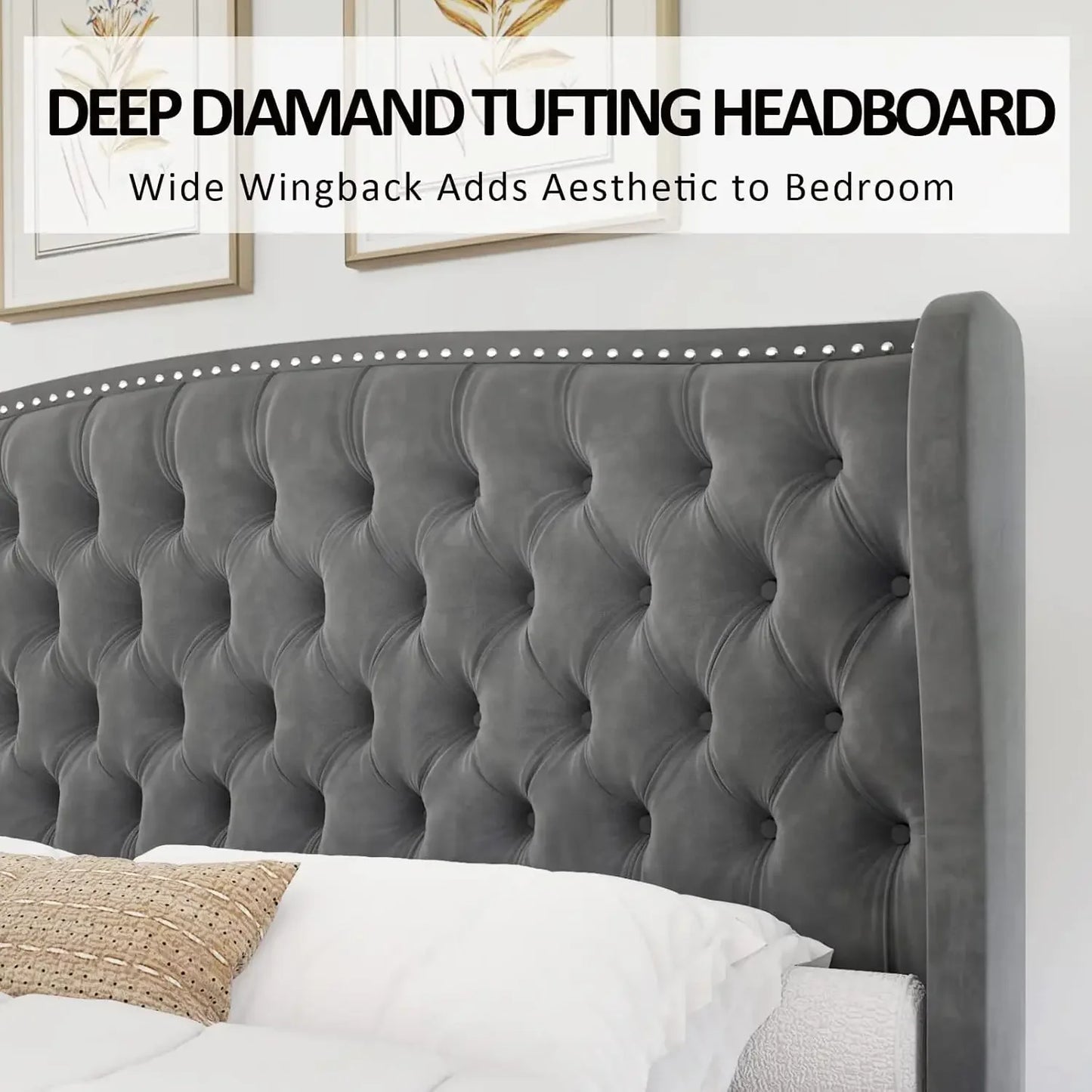 King Size Platform Bed Frame, Velvet Upholstered Bed with Deep Button Tufted & Nailhead Trim Wingback Headboard