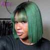 180 Density Forest Green with Roots Short Straight Bob Wig Transparent 13x4 Lace Frontal Bob Human Hair Wig with Bangs Pre Pluck