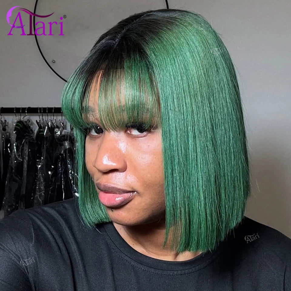 180 Density Forest Green with Roots Short Straight Bob Wig Transparent 13x4 Lace Frontal Bob Human Hair Wig with Bangs Pre Pluck