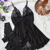 Contrast Lace Ruffle Trim Lingerie Set, Deep V Slip Dress & Thong, Women's Sexy Lingerie & Underwear