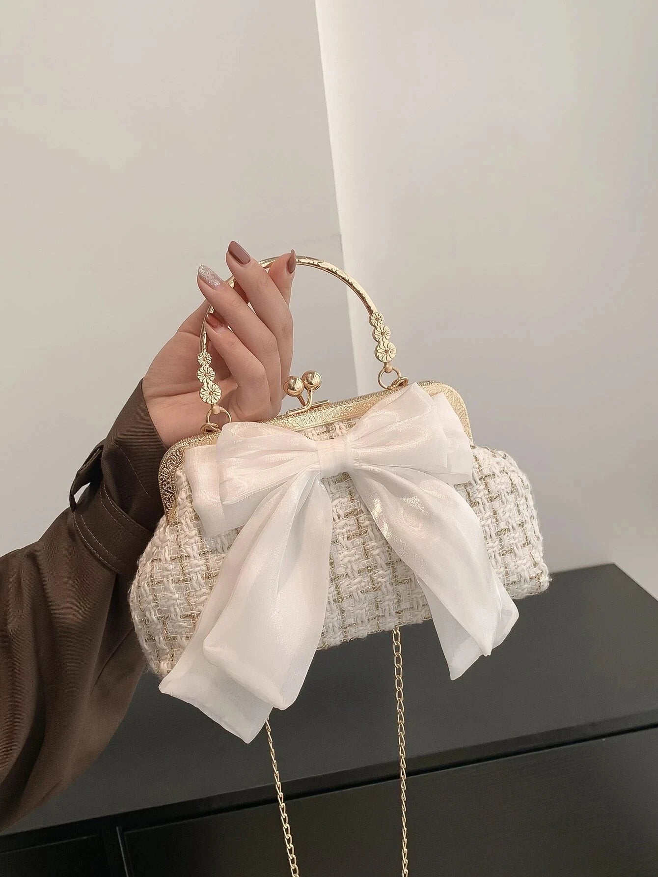 Glittering Chain Plaid Pattern Evening Bag For Women Bow Decor Shoulder Bag, Fashionable Elegant Clutch, Women‘s Crossbody Bag