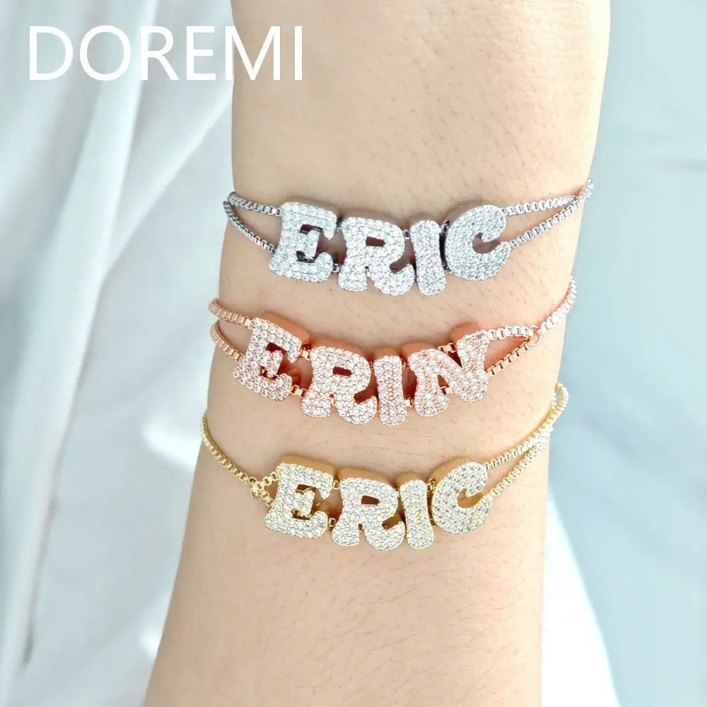 DOREMI Fat Bubble Slide Initial Letters Bracelet Full Crystal Letters Women Name DIY Sliding Slider Letter Bracelets