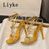 Liyke Summer Blue Denim Sandals Women Elegant Square Toe Party Wedding High Heels Crystal Buckle Narrow Band Female Dress Shoes