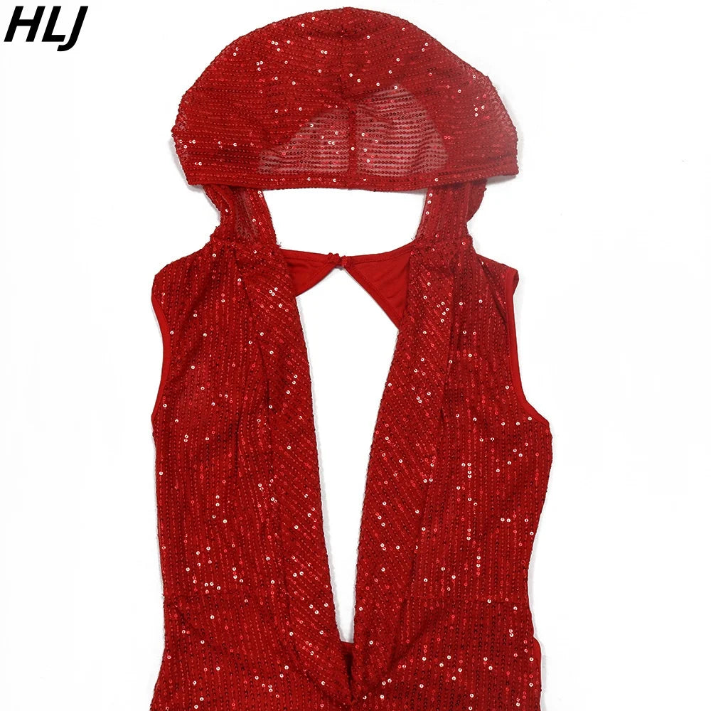 HLJ Sexy Deep V Perspective Sequin Hooded Bodycon Party Club Dresses Women Backless Sleeveless Slim Vestidos Fashion Clothing