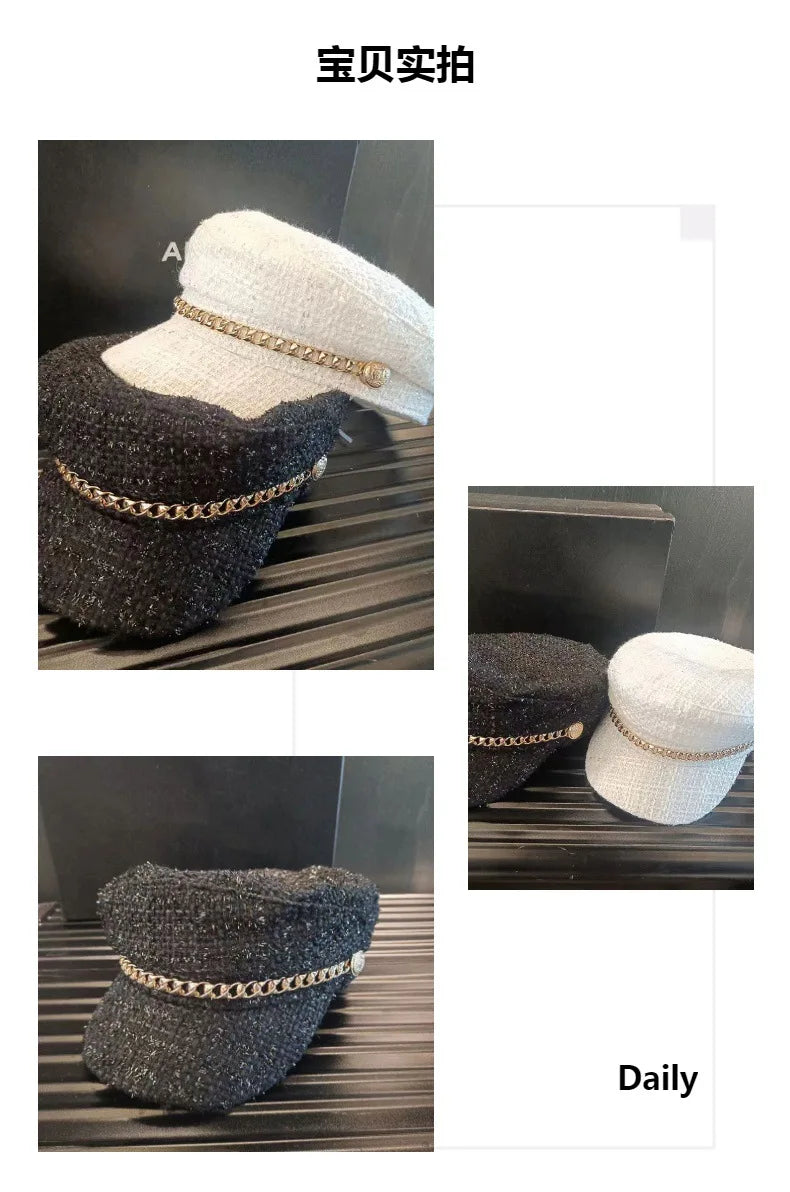 British girl style flat top painter hat retro fashion small scented wool cap Korean newspaper hat marine cap girl