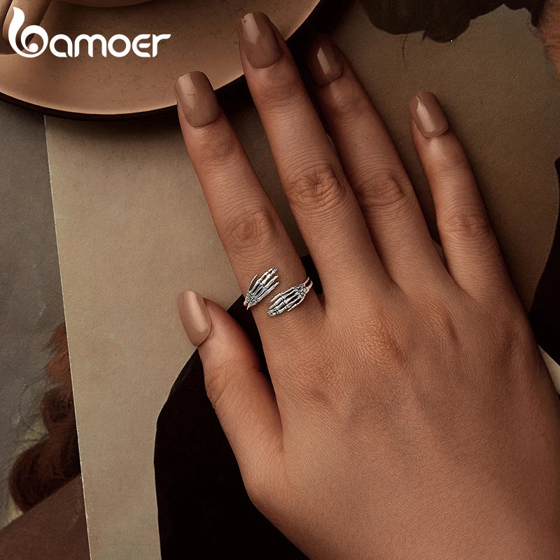 BAMOER Genuine 925 Sterling Silver Vintage Hug Hand Open Ring for Women Retro Finger Ring Fine Jewelry Birthday Gift BSR608-E