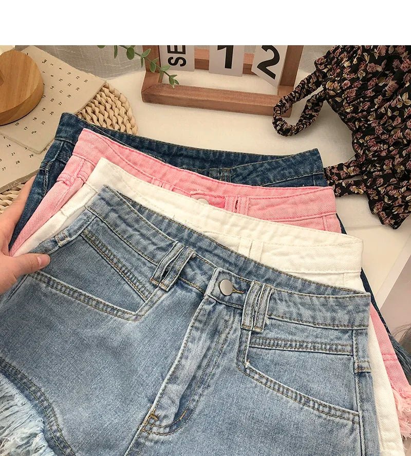 ITOOLIN Women Vintage Tassels Denim Shorts Button Loose High Waist A-line Jean Shorts Casual Women Office Trousers Streetwear