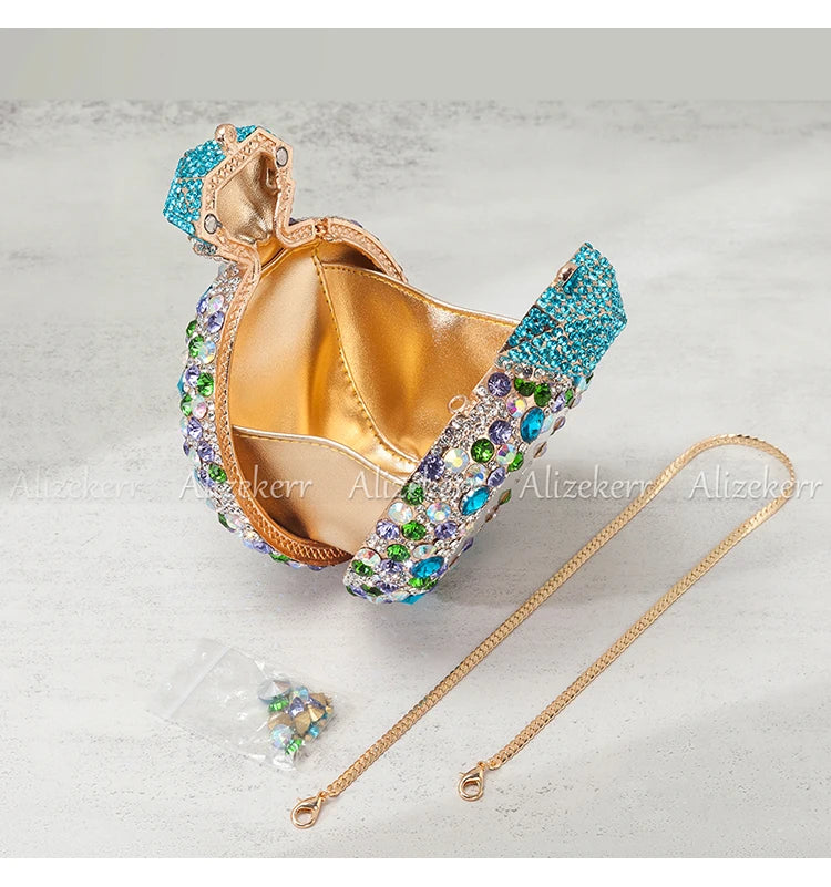 Alizekerr Perfume Bottle Shaped Crystal Evening Bags Women Gorgeous Classy Rhinestone Round Metal Clutch Purses Wedding Party