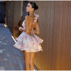 Women Tie-dye 3d Flower Deep V Neck Flare Sleeve Mini Dresses Fashion Slim Printed Multiple Pleat Vestidos New Lady Holiday Wear