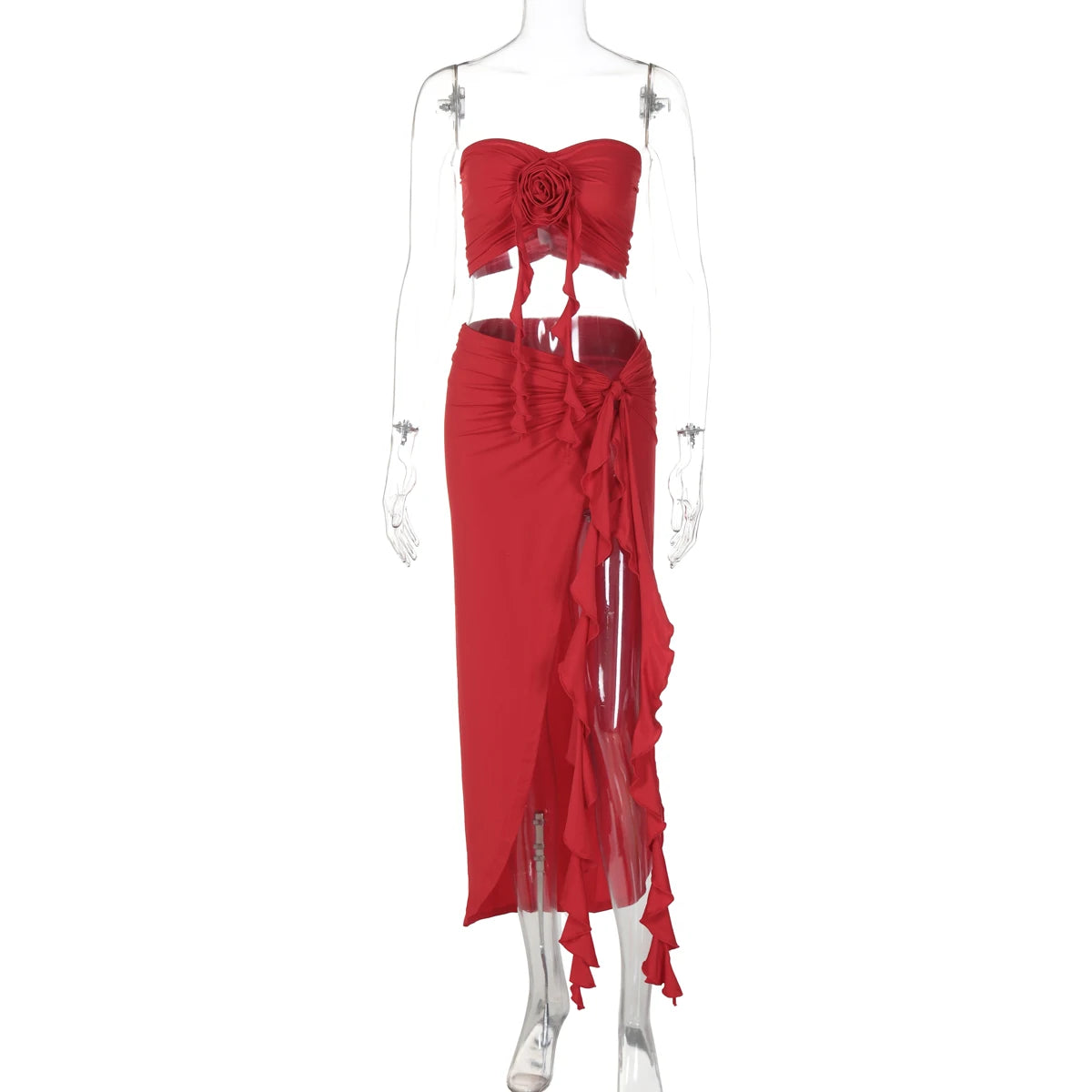 Hugcitar Fashion 2 Pcs Sets Strapless Tie Flower Draped Sexy Crop Tank Top Slit Tassel Maxi Skirt Women Outfit Festival Party
