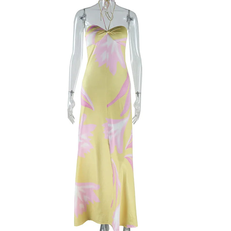 Women's Floral Print Sexy Halterneck Strappy Strapless Backless Slim Long Dress 2024 Summer Holiday Beach Loose Evening Vestidos