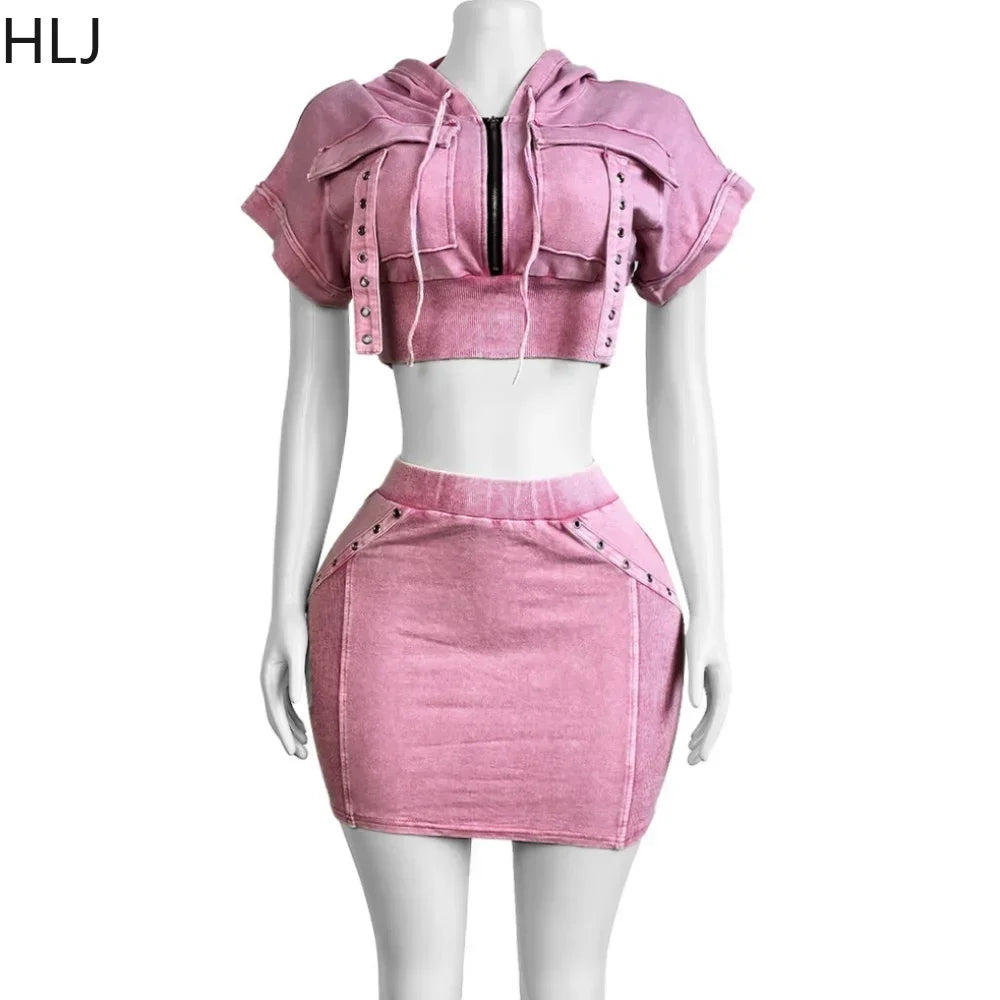 HLJ&GG Fashion Pocket Cargo Hooded Two Piece Sets Women Zip Slim Crop Top And Mini Skirts Outfits Female Washed 2pcs Streetwear