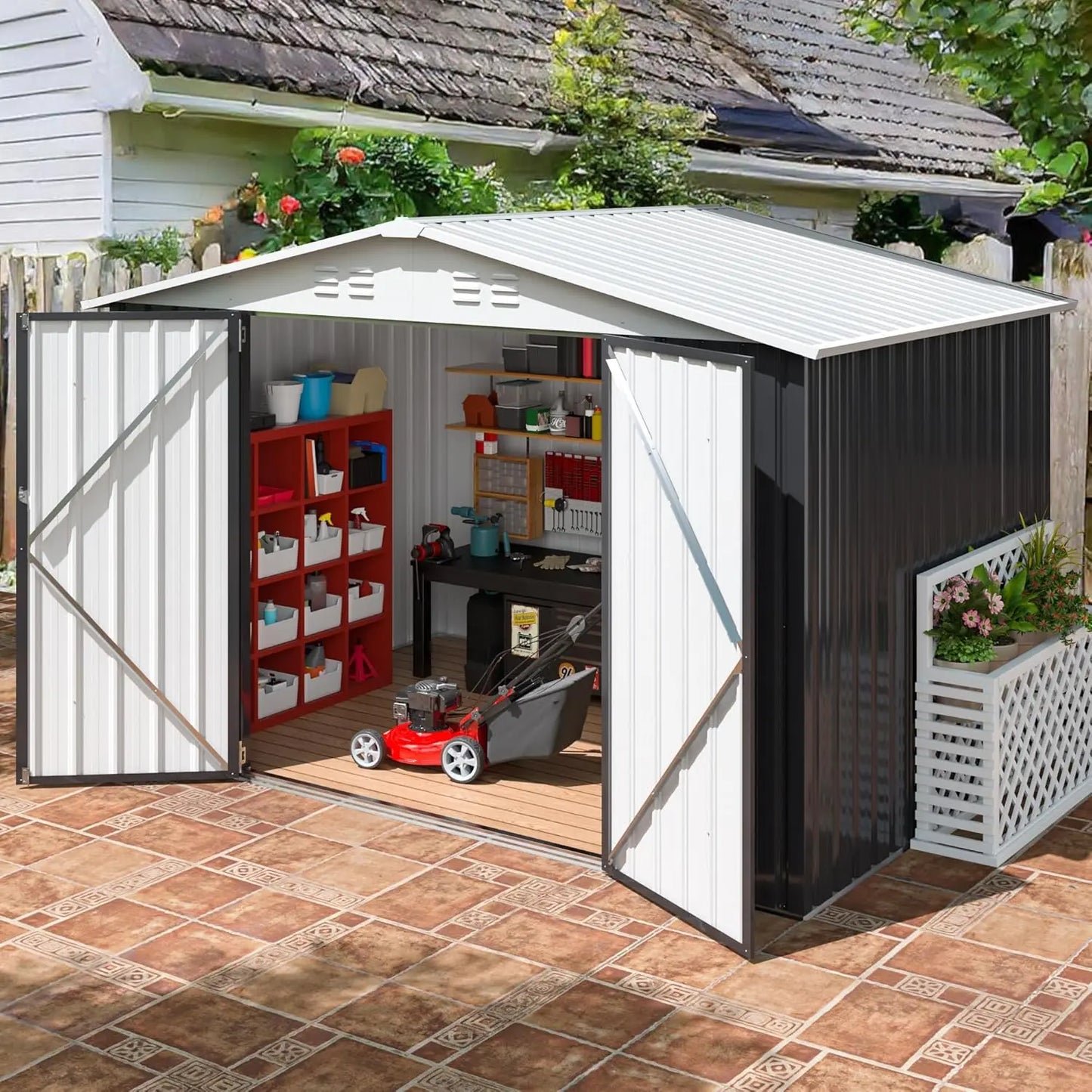 6x8 FT Outdoor Storage Shed, Garden Shed with Updated Frame Structure and Lockable Doors, Metal Tool Sheds for Backyard Garden