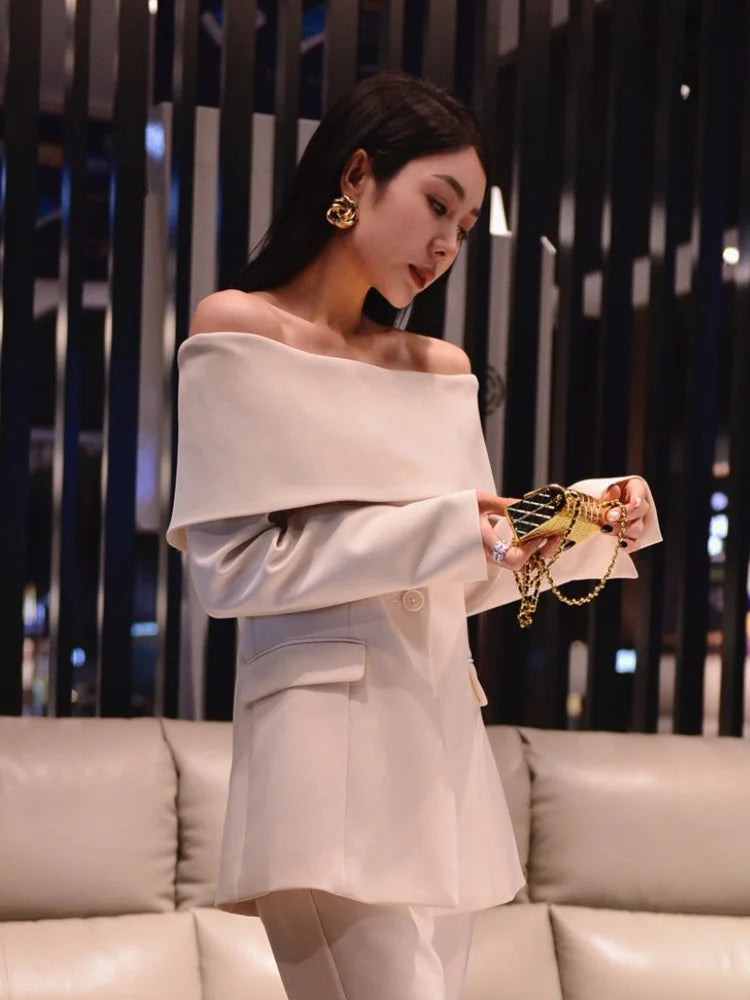 TWOTWINSTYLE Slash Neck Chic Blazers For Women Off Shoulder Long Sleeve Patchwork Single Button Solid Coat Female Clothes 2022