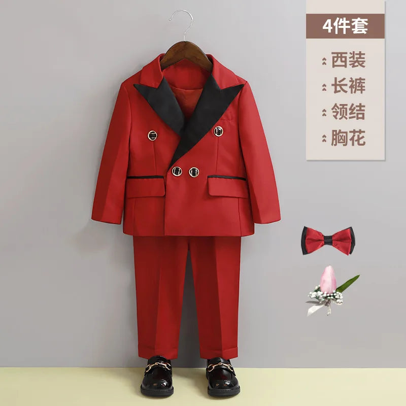 Boys Royal Blue Orange Suit For Wedding Kids Jacket Pants Bowtie Flower 4PCS Ceremony Tuxedo Dress Children Photograph Costume