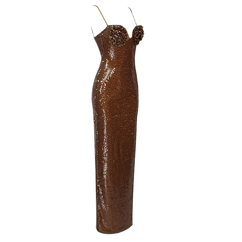 New Summer Dress 2024 Women Sexy Sleeveless Backless Mesh Sequins Brown Bodycon Maxi Dress Elegant Long Evening Party Dress