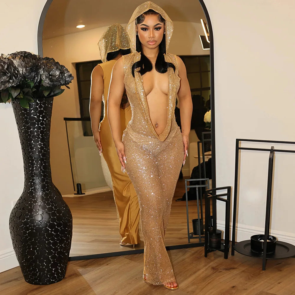 HLJ Sexy Deep V Perspective Sequin Hooded Bodycon Party Club Dresses Women Backless Sleeveless Slim Vestidos Fashion Clothing