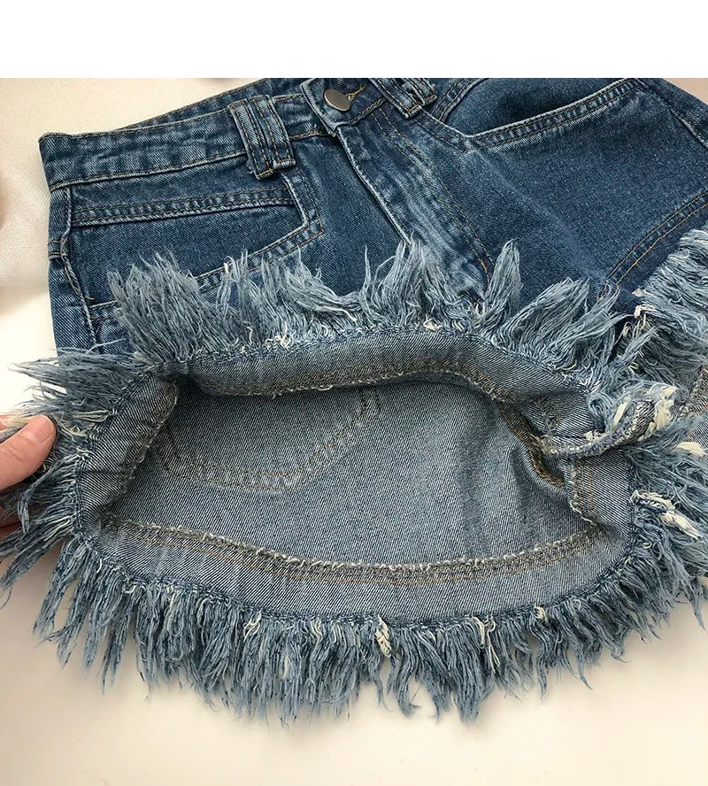 ITOOLIN Women Vintage Tassels Denim Shorts Button Loose High Waist A-line Jean Shorts Casual Women Office Trousers Streetwear