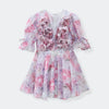 Women Tie-dye 3d Flower Deep V Neck Flare Sleeve Mini Dresses Fashion Slim Printed Multiple Pleat Vestidos New Lady Holiday Wear