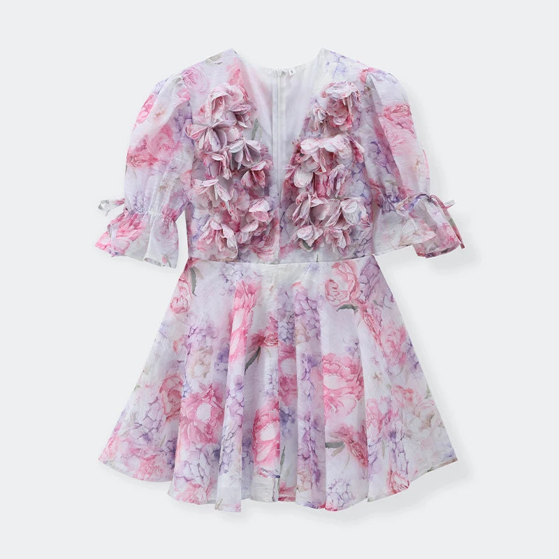 Women Tie-dye 3d Flower Deep V Neck Flare Sleeve Mini Dresses Fashion Slim Printed Multiple Pleat Vestidos New Lady Holiday Wear