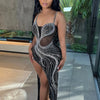 Beyprern Luxury Black Crystal Long Maxi Dress Gown Sparkle Mesh Patchwork High Slit Party Club Dress Birthday Outfits Night Wear