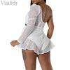 Women Sexy Solid Color One Shoulder Ruffles Decor Skinny Rompers Backless Playsuits with Belt
