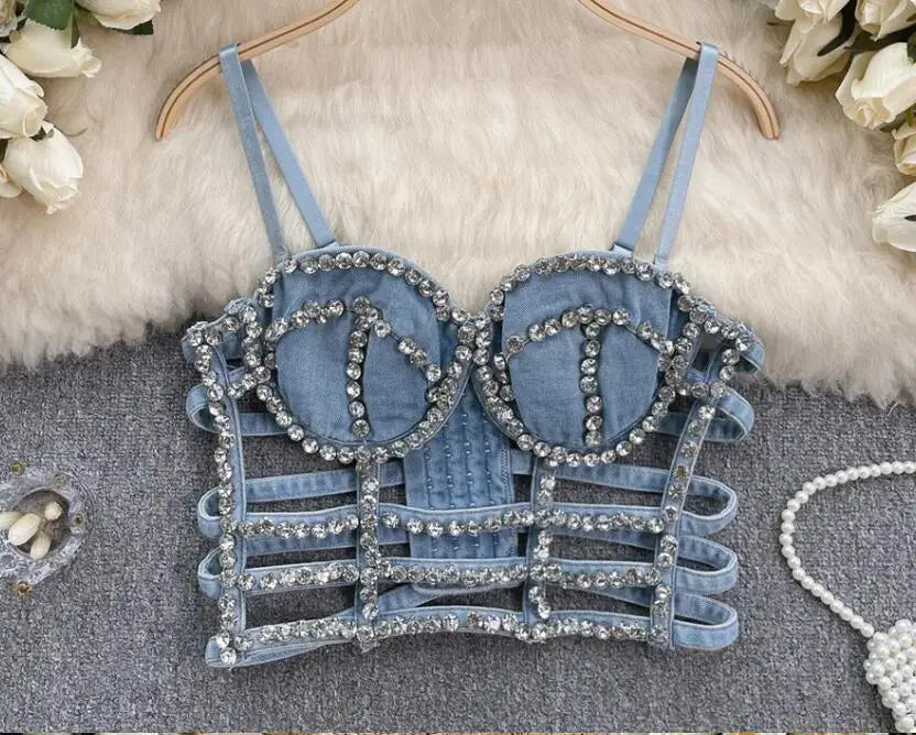 Streetwear Diamonds Denim Vest Female Bra Sleeveless Backless Sexy Summer Tank Tops For Women Camisole y2k Crop Top 2025
