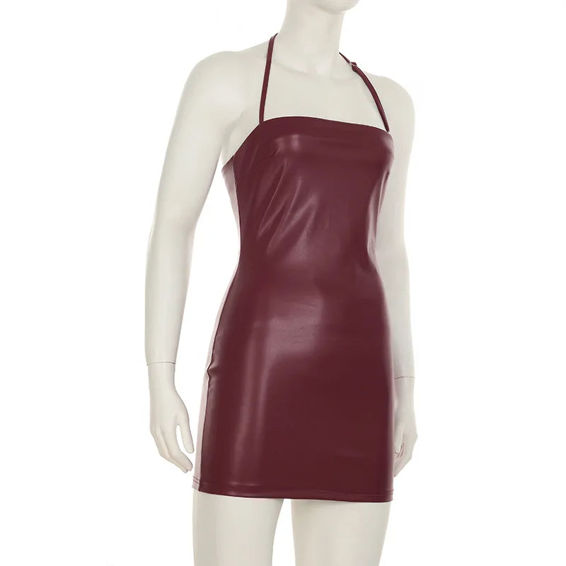 Tuularose Leather Spaghetti Strap Dress Women's Sexy Solid Sleeveless Halter Short Dress Party Club Retro Y2k Bodycon Mini Dress