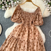 2024 New Summer Flower Print Long Dress Women Vintage Square Neck Ruched Chest Sash Bandage Sundress Party Vestidos